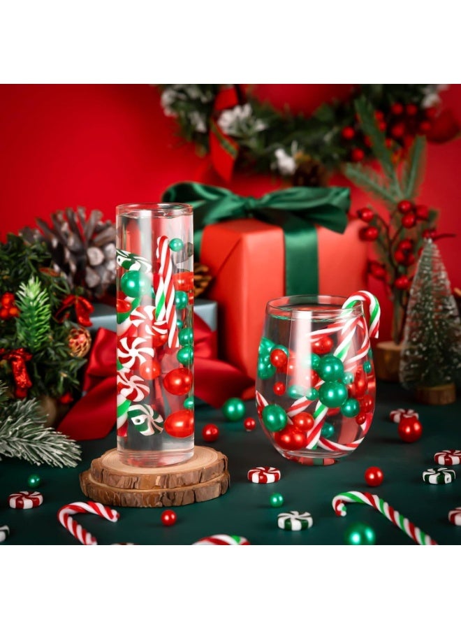 CLENEA مجموعة 175 قطعة من حشوات مزهريات عيد الميلاد، لآلئ صناعية عائمة، خرز لؤلؤي أخضر وأحمر على شكل عصا حلوى، خرز أكريليك مزخرف للمزهريات والطاولات والحفلات وديكور المنزل في موسم الأعياد - Image 4